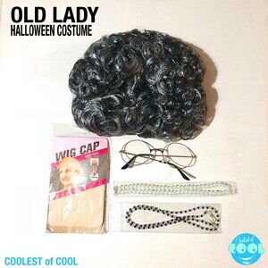Old lady halloween costume with grey wig, cap, glasses on chain pearl necklace